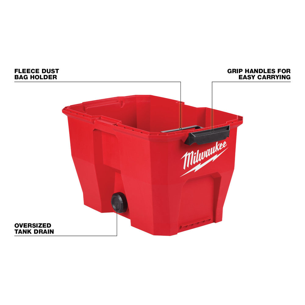 Red plastic vacuum tank with grip handles, fleece dust bag holder, and oversized drain valve.