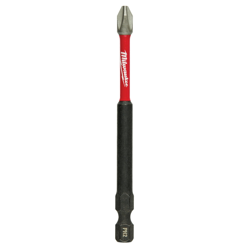 Milwaukee Shockwave Phillips PH2 impact driver bit with red shaft and black grip, 3-1/2 inches long.