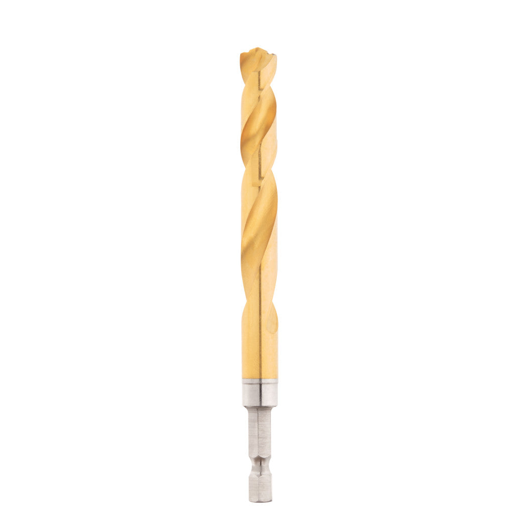 Gold titanium-coated spiral drill bit with a hexagonal shank on white background.
