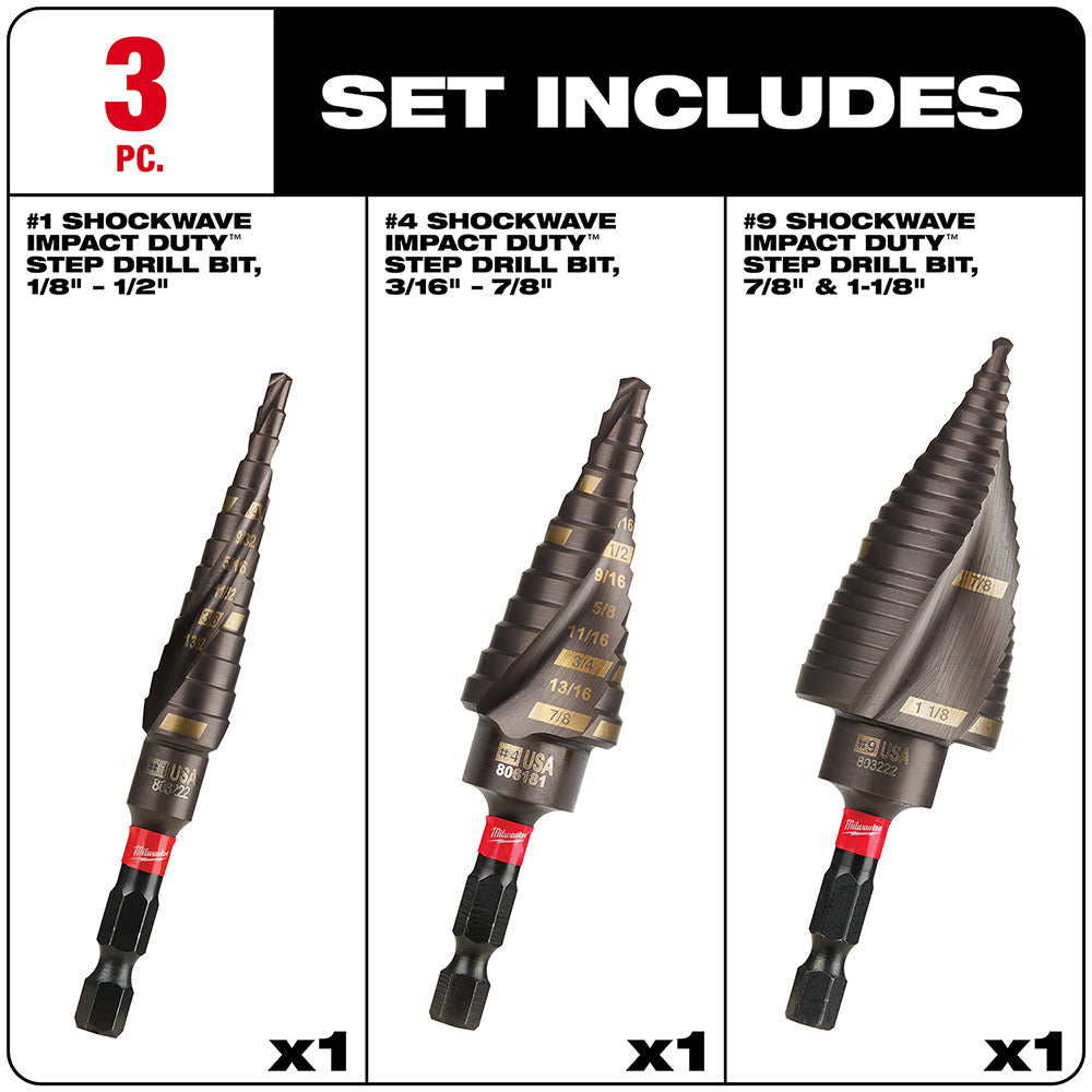 Three Milwaukee Shockwave Impact Duty step drill bits with black and gold fluted designs and red collars.