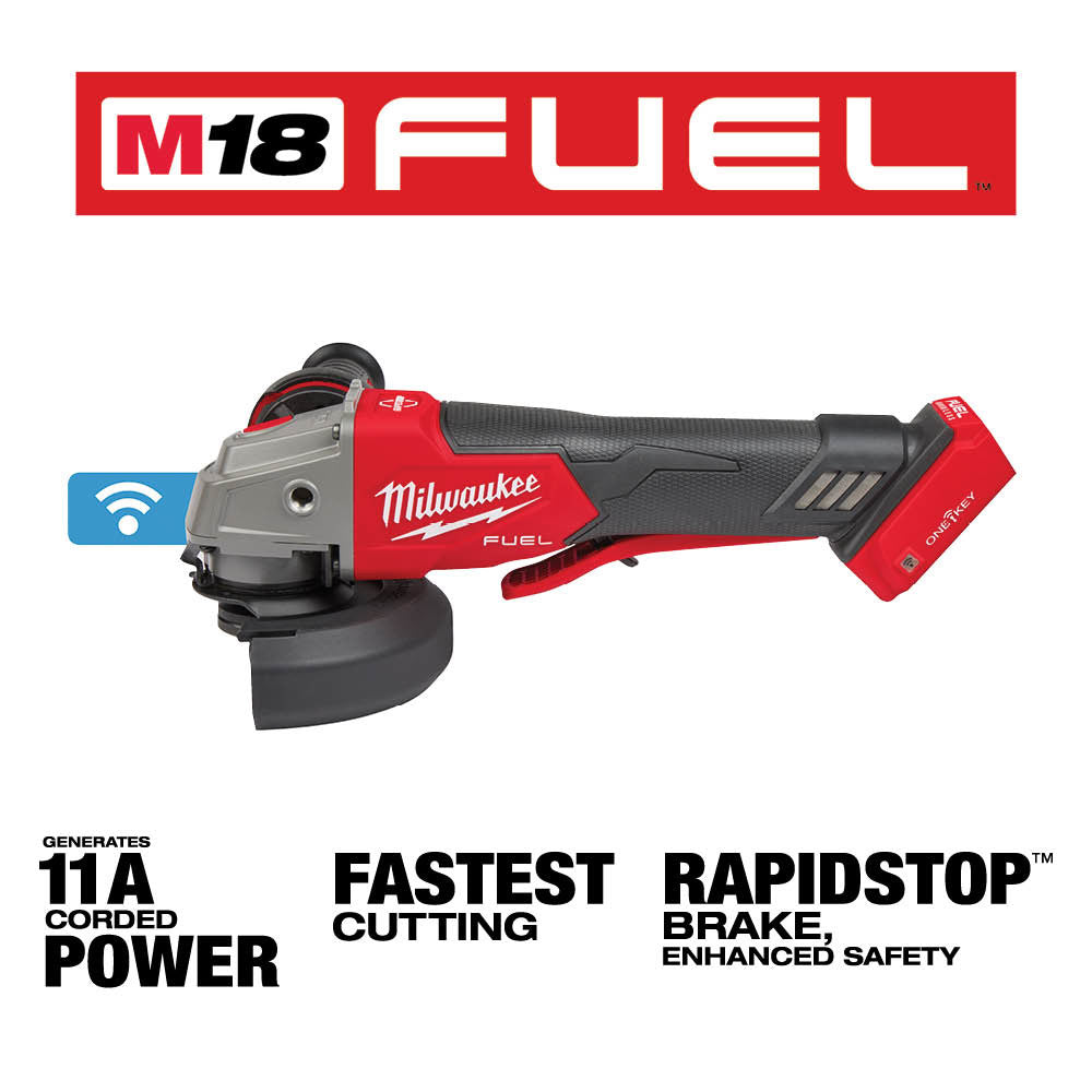 Milwaukee M18 FUEL angle grinder with red and black body, paddle switch, and circular grinding disc visible from side angle.