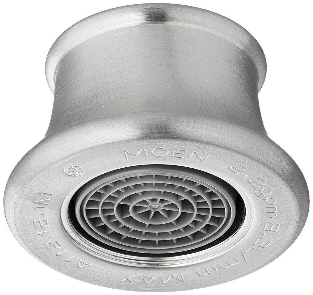Stainless steel faucet aerator with circular mesh screen and Moen branding on the face.