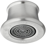 Stainless steel faucet aerator with circular mesh screen and Moen branding on the face.