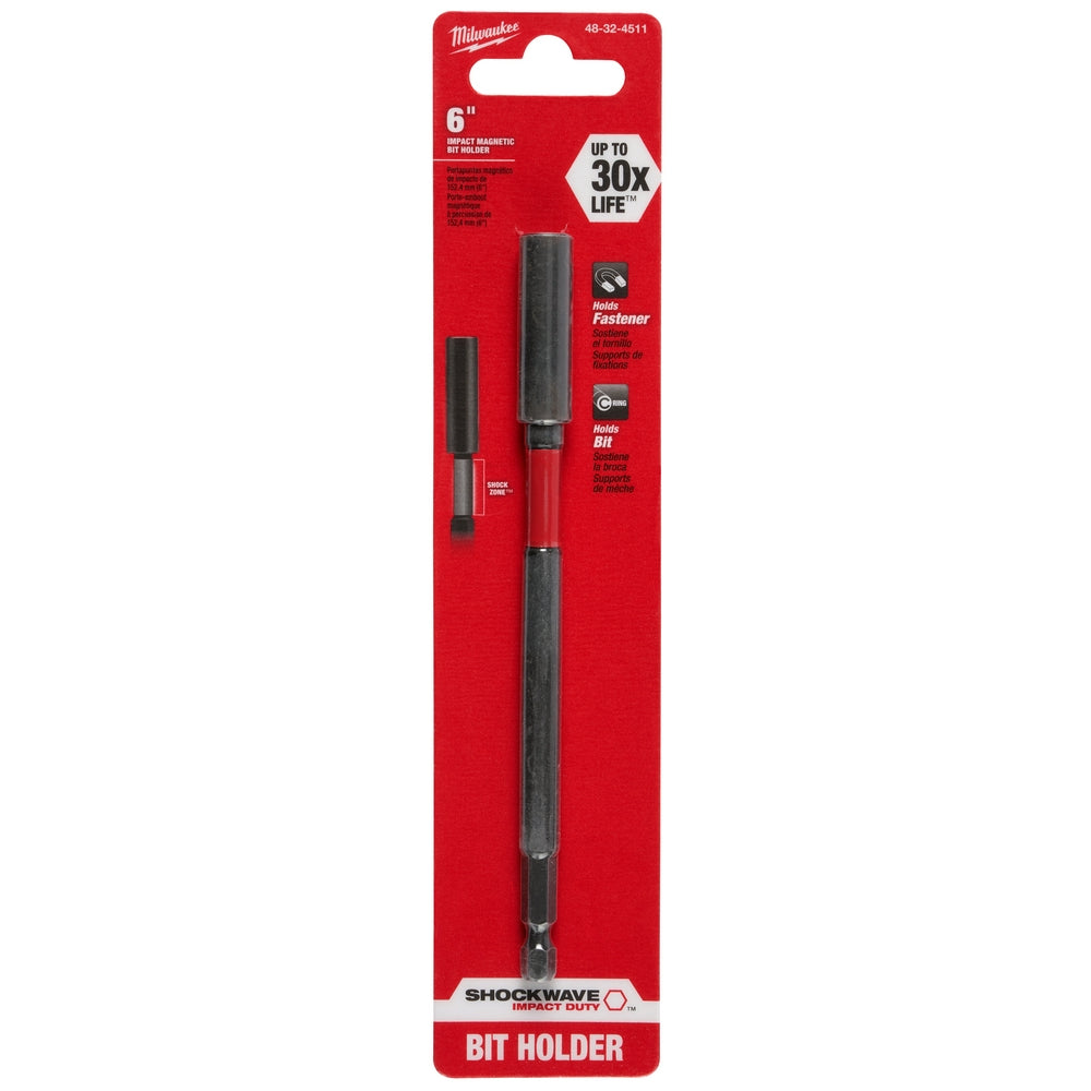 Milwaukee Shockwave 6-inch magnetic bit tip holder with black shaft and red packaging.