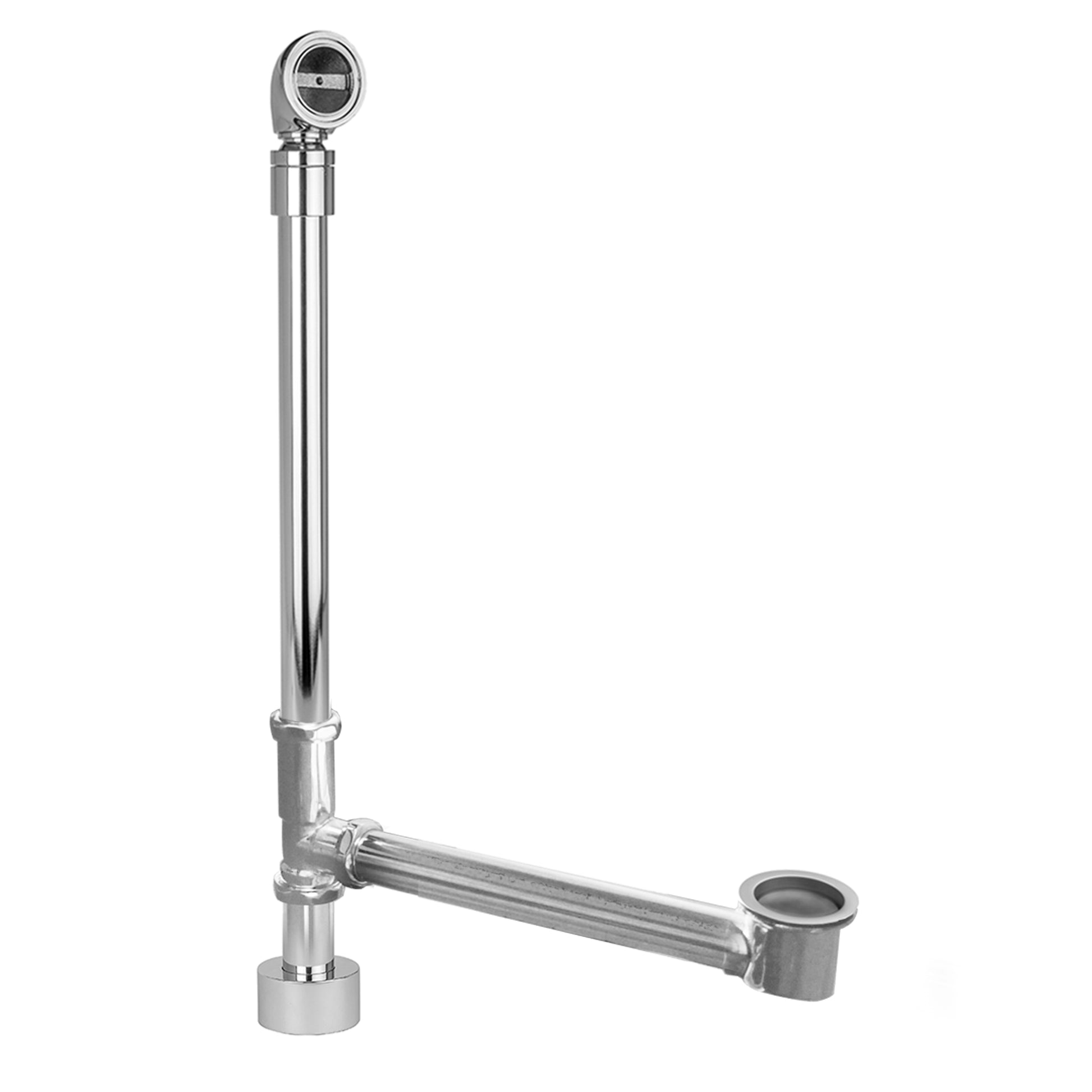 Black nickel tub drain with pivoting neck, adjustable bottom outlet, and vertical overflow pipe with control lever.