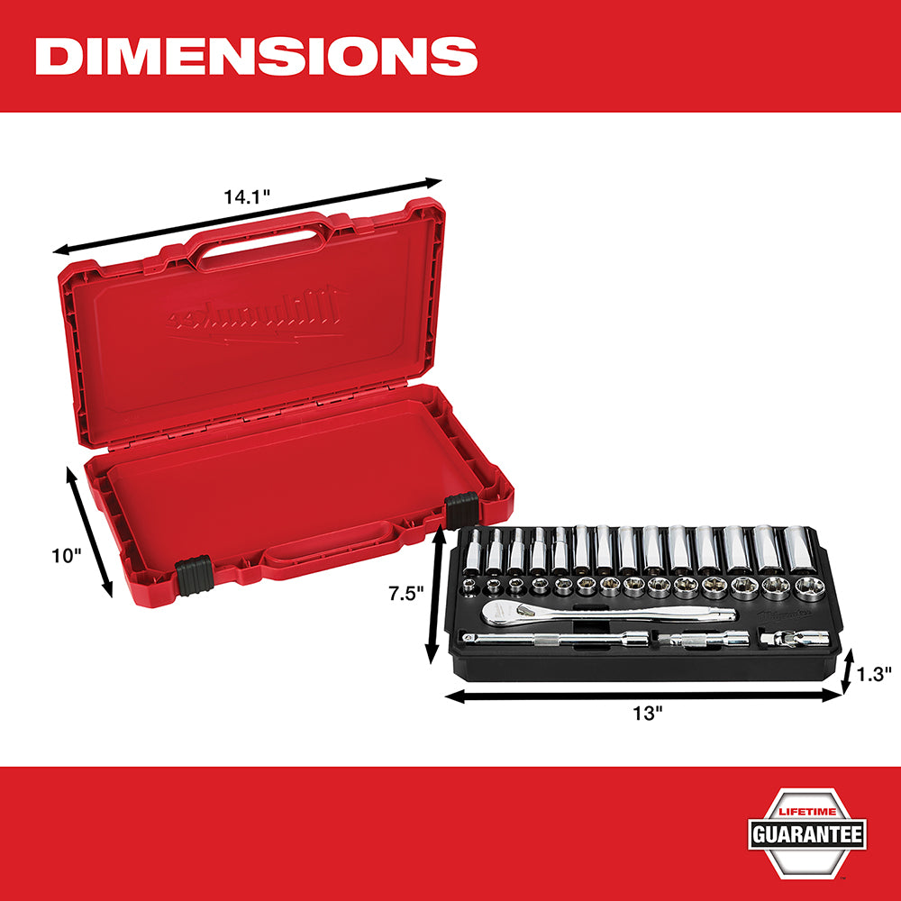Red carrying case with metric socket set containing ratchet and sockets in black tray insert.