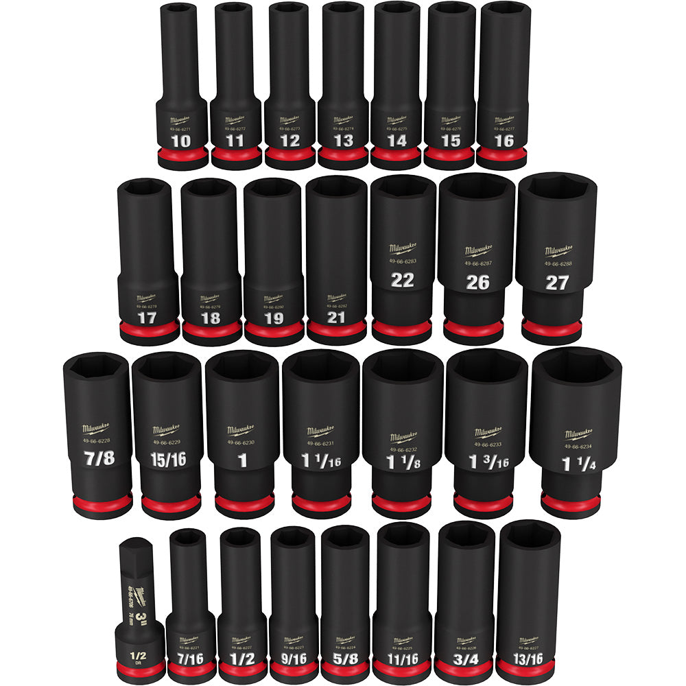 Black Milwaukee deep 6-point impact sockets with red bands arranged in four rows, labeled with sizes from 7/8" to 1 1/4" and 