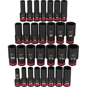 Black Milwaukee deep 6-point impact sockets with red bands arranged in four rows, labeled with sizes from 7/8" to 1 1/4" and 
