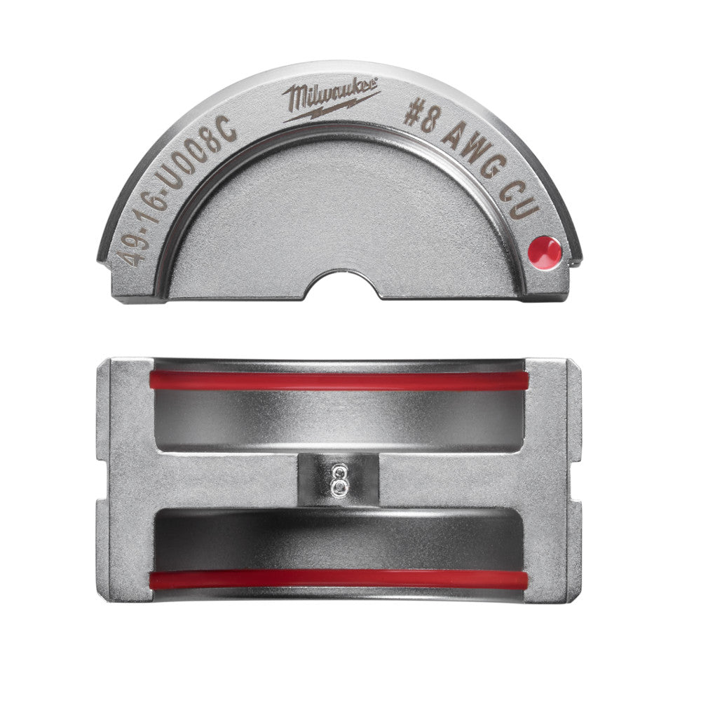 Milwaukee #8 copper U-style die with gray metal housing and red compression surfaces, shown from top and side views.
