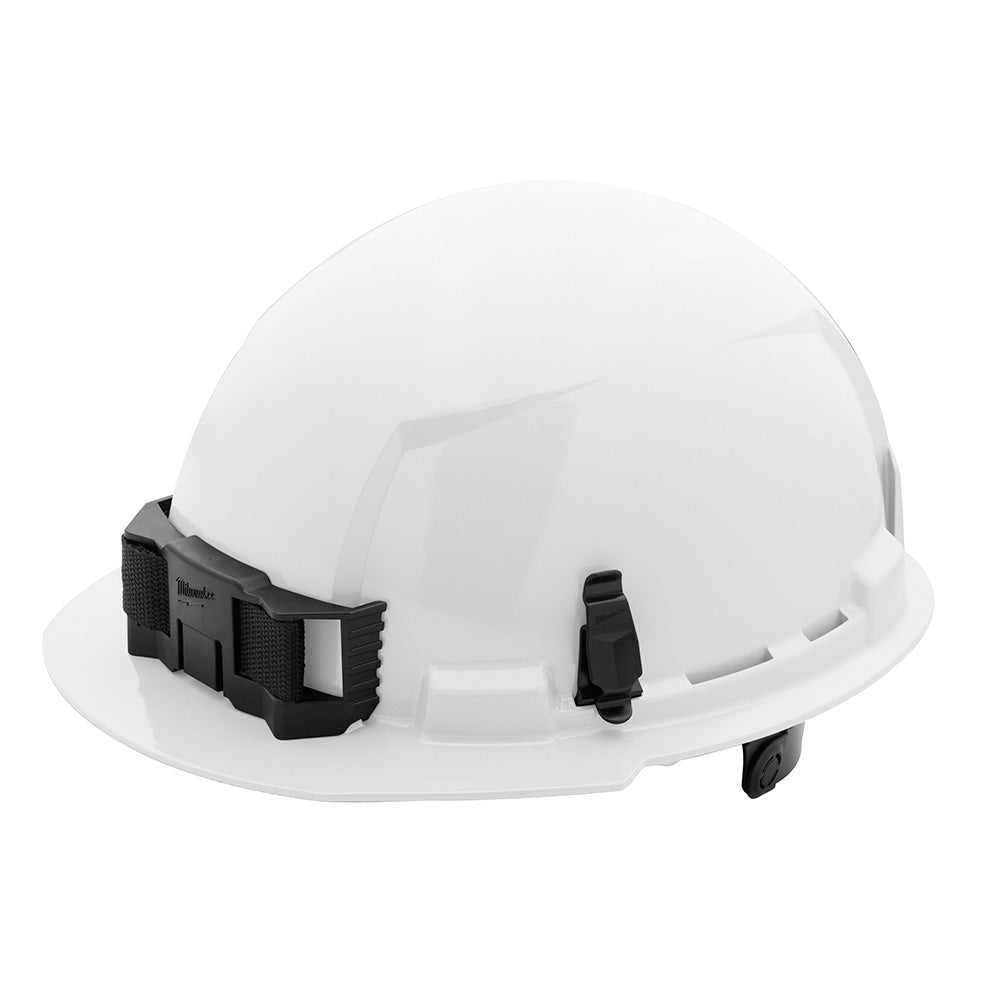 White hard hat with front brim and black ratcheting suspension system visible on interior.