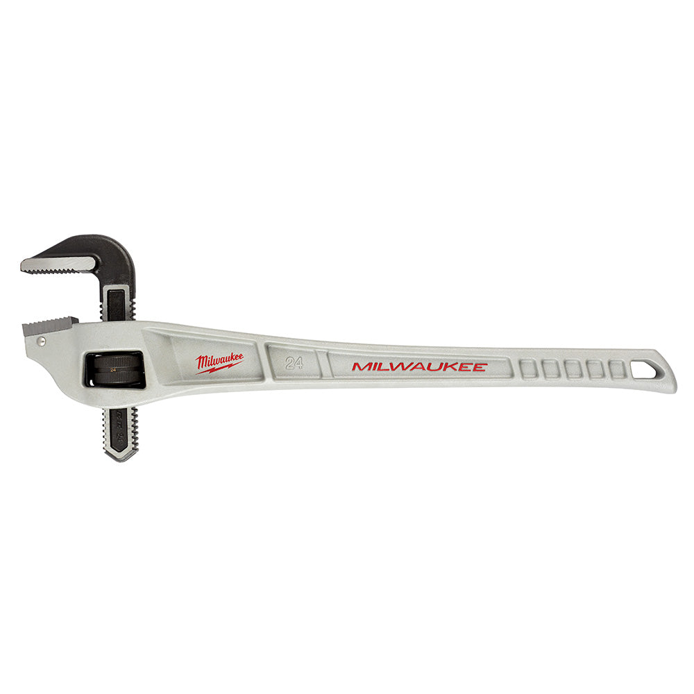Silver aluminum pipe wrench with black offset jaw and grip handle, Milwaukee branding on shaft.