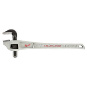 Silver aluminum pipe wrench with black offset jaw and grip handle, Milwaukee branding on shaft.