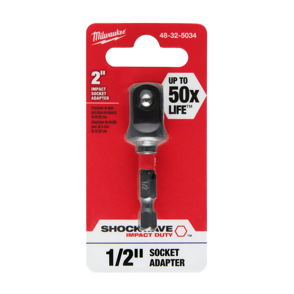Milwaukee Shockwave 2-inch impact socket adapter with 1/4 inch hex drive and 1/2 inch square drive on retail packaging.