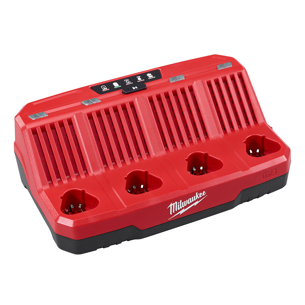 Red and black Milwaukee M12 4-bay sequential battery charger with control buttons and cooling vents.