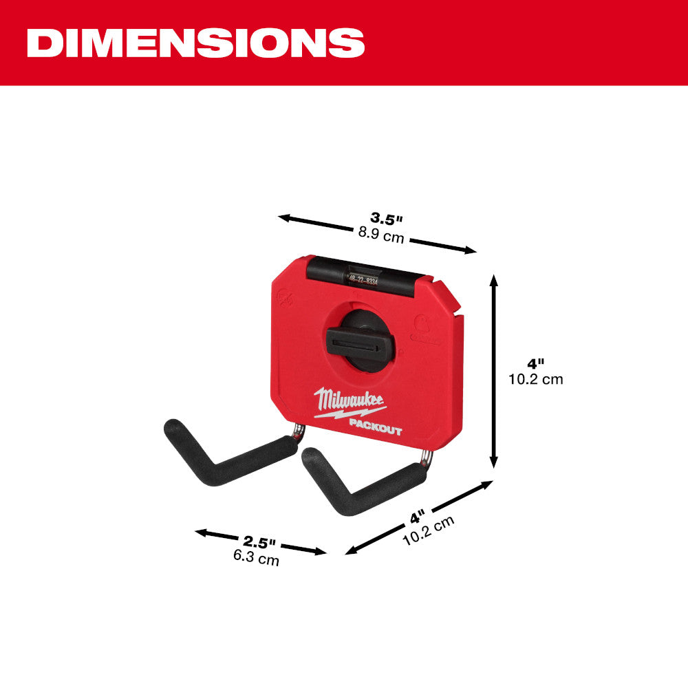 Red Milwaukee PACKOUT storage unit with two black straight hooks extending from the front face.