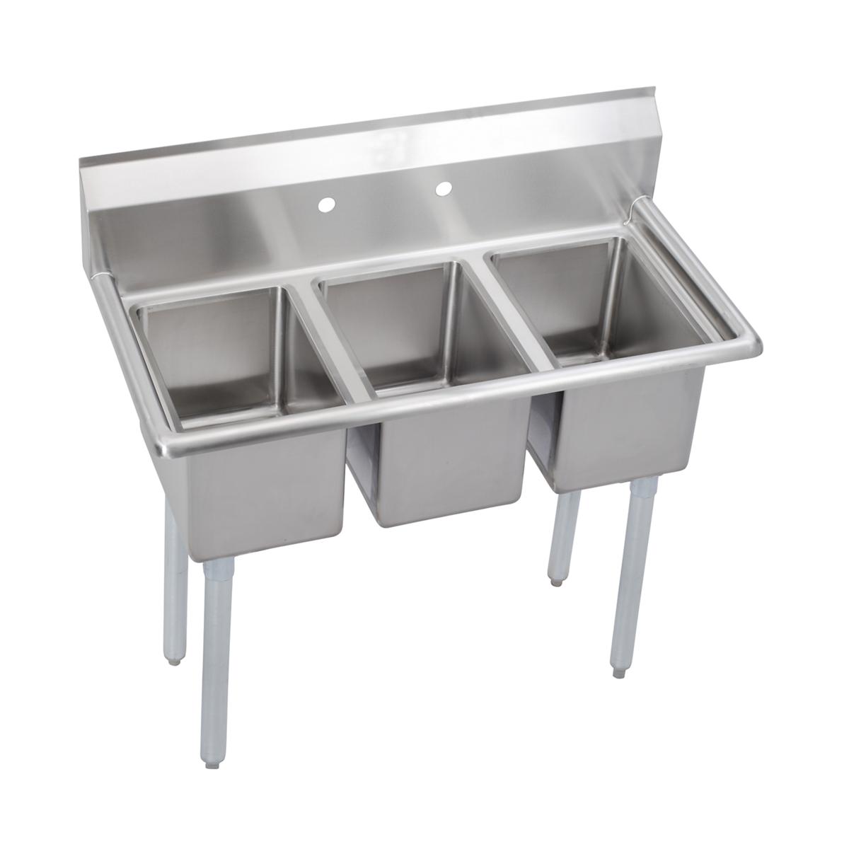 Stainless steel three-compartment commercial sink with drainboard and four legs.