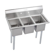 Stainless steel three-compartment commercial sink with drainboard and four legs.