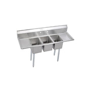 Stainless steel three-compartment sink with dual drainboards and four legs.