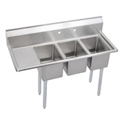 Stainless steel three-compartment sink with drainboard on left side and four stainless steel legs.