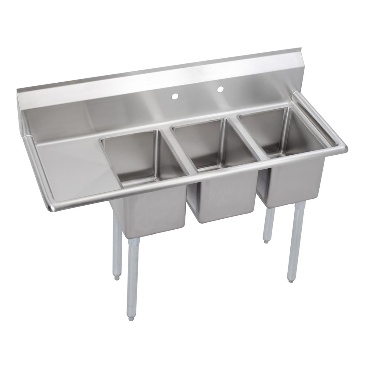 Stainless steel three-compartment sink with drainboard on left side and four stainless steel legs.