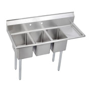 Stainless steel three-compartment sink with right drainboard and four legs.