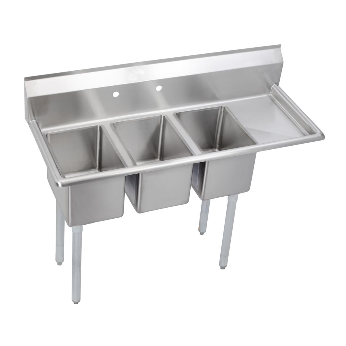 Stainless steel three-compartment sink with right drainboard and four legs.