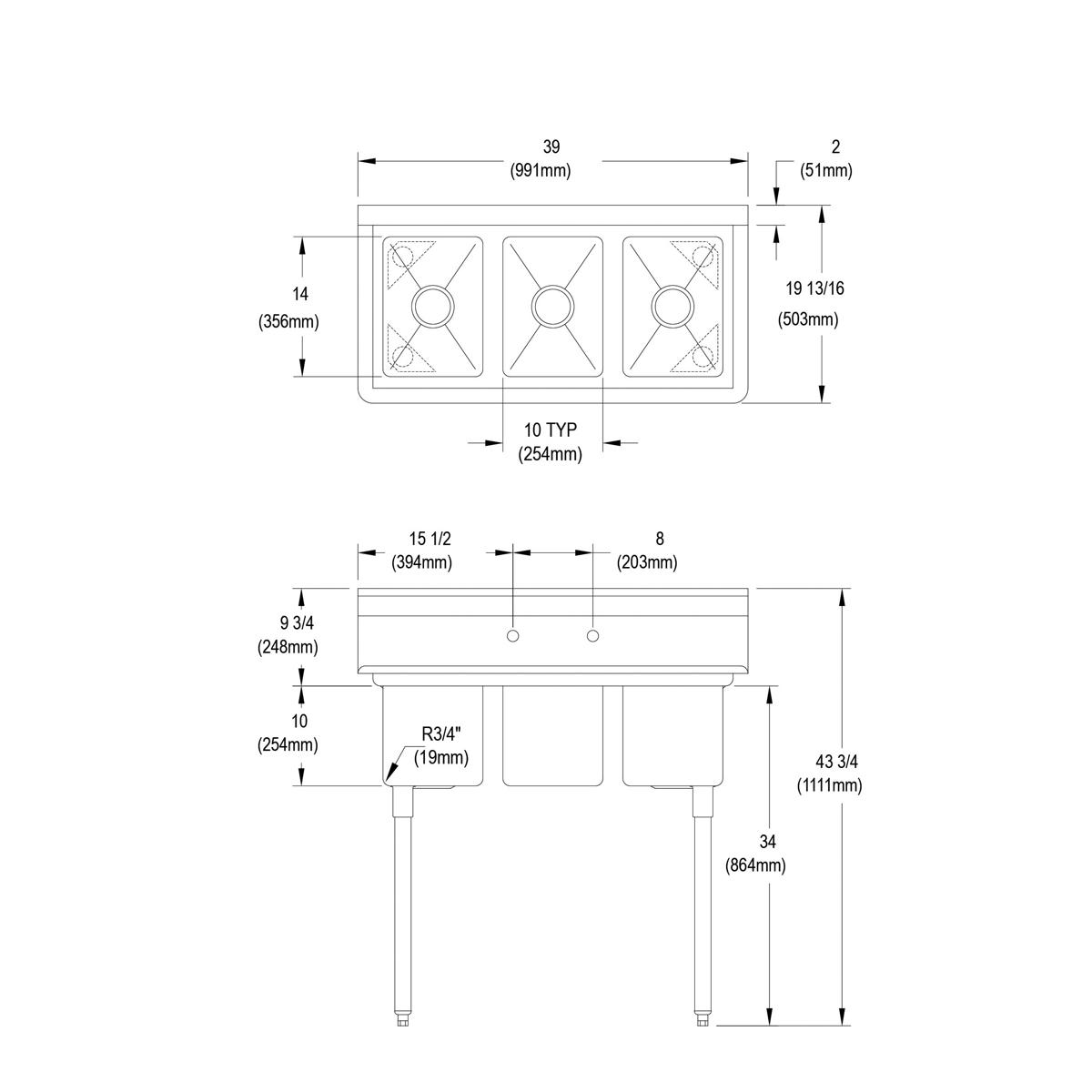 Technical drawing of three-compartment stainless steel sink with dimensions and drain locations labeled.