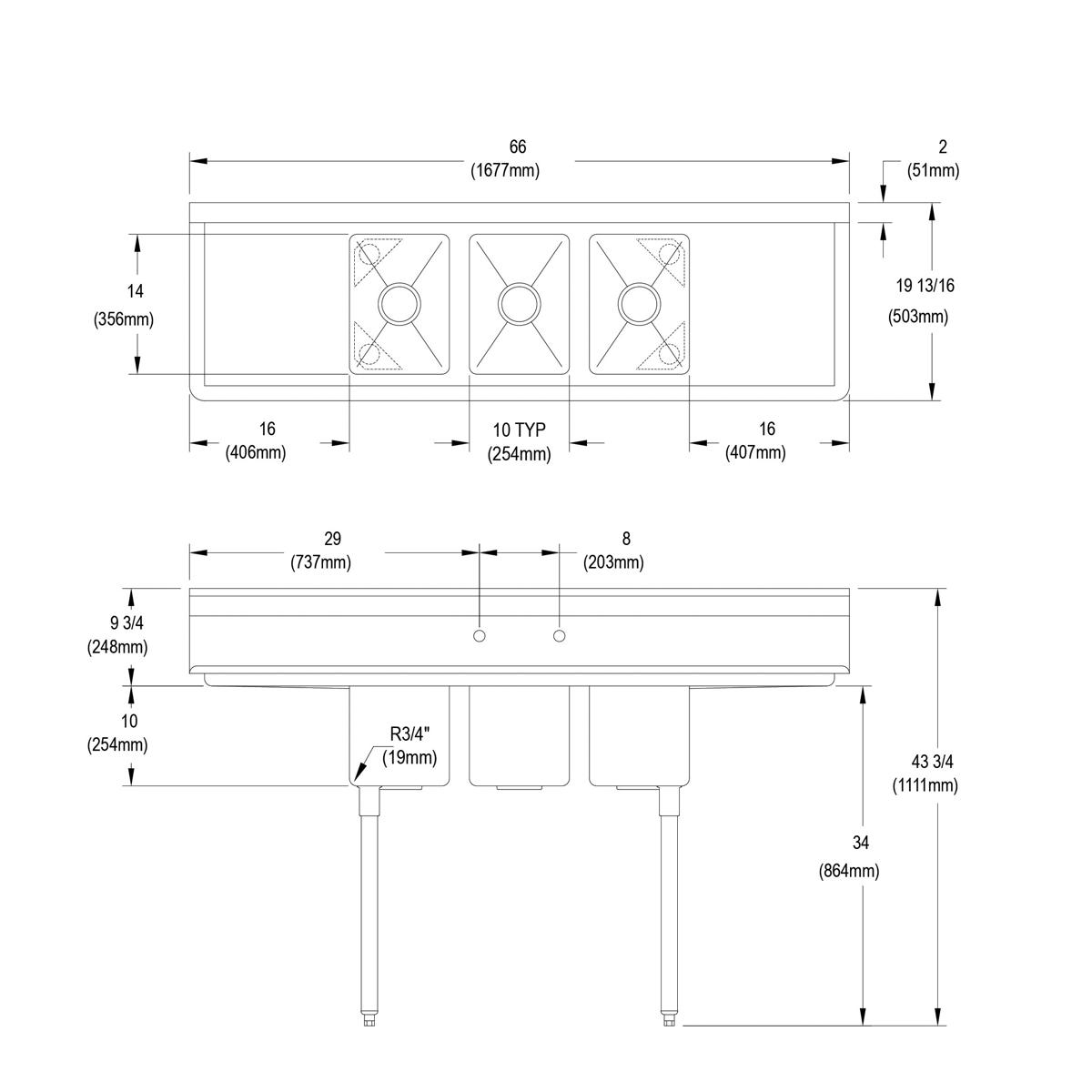 Stainless steel three-compartment sink with 16-inch drainboards on each side and stainless steel legs, shown in top and side 