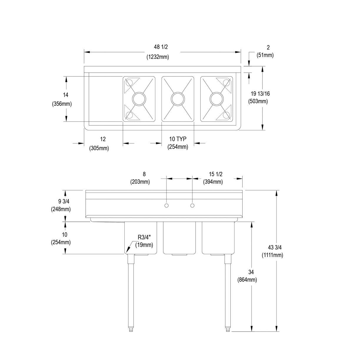 Top and side technical drawings of a three-compartment stainless steel sink with left drainboard and dimensions labeled.