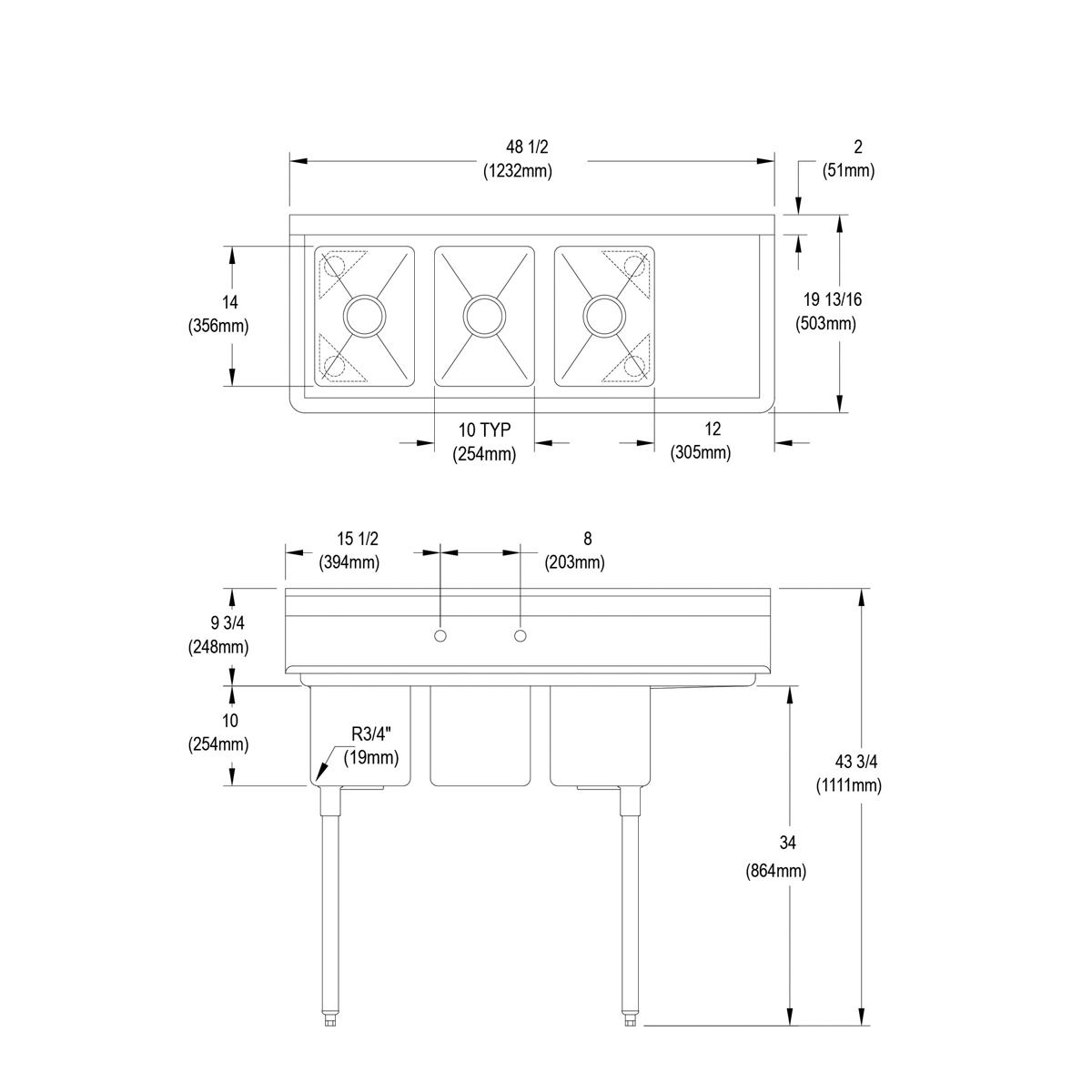 Three-compartment stainless steel sink with right drainboard and stainless steel legs, shown in technical schematic with dime