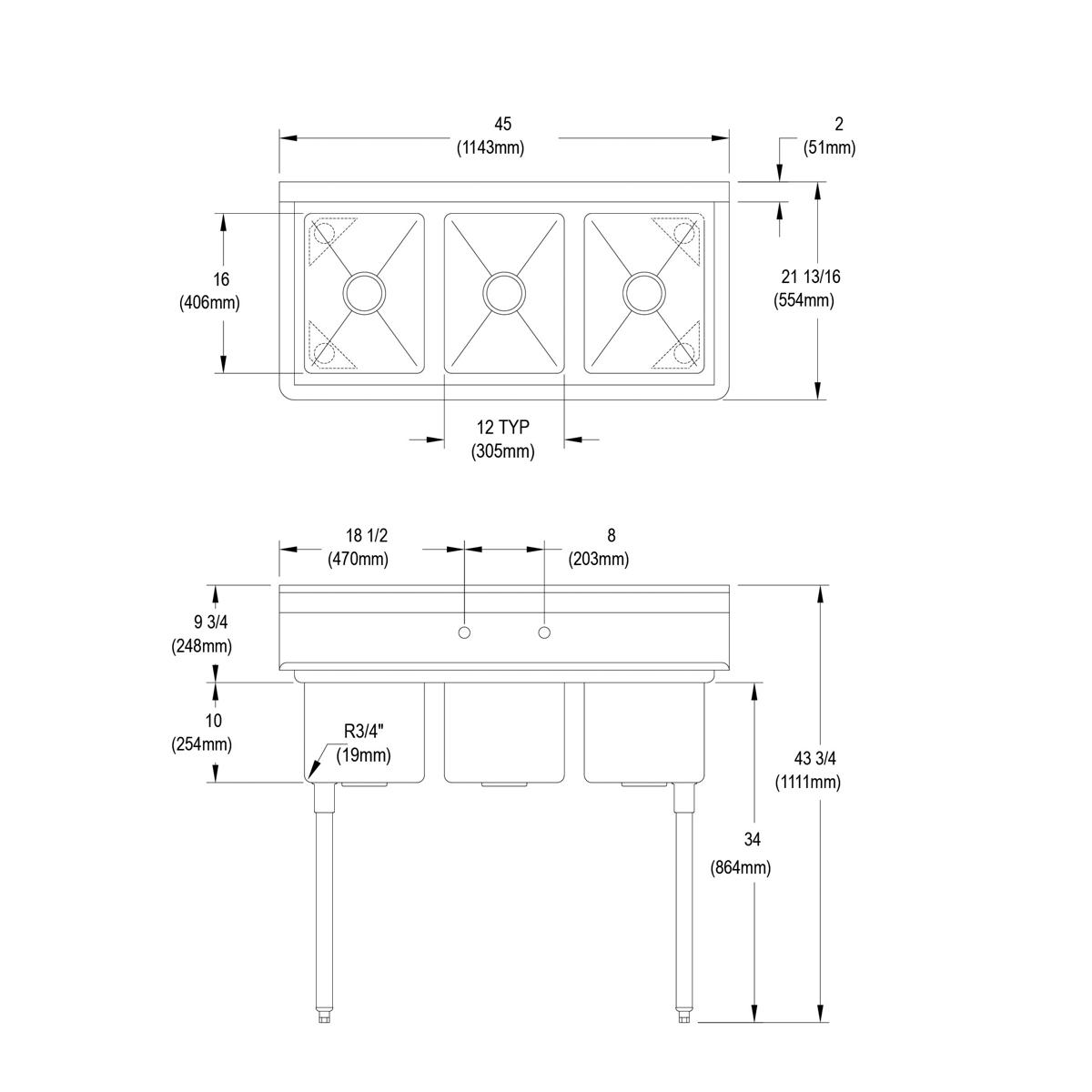 Three-compartment stainless steel sink with drain layouts and dimension specifications shown in top and side views.