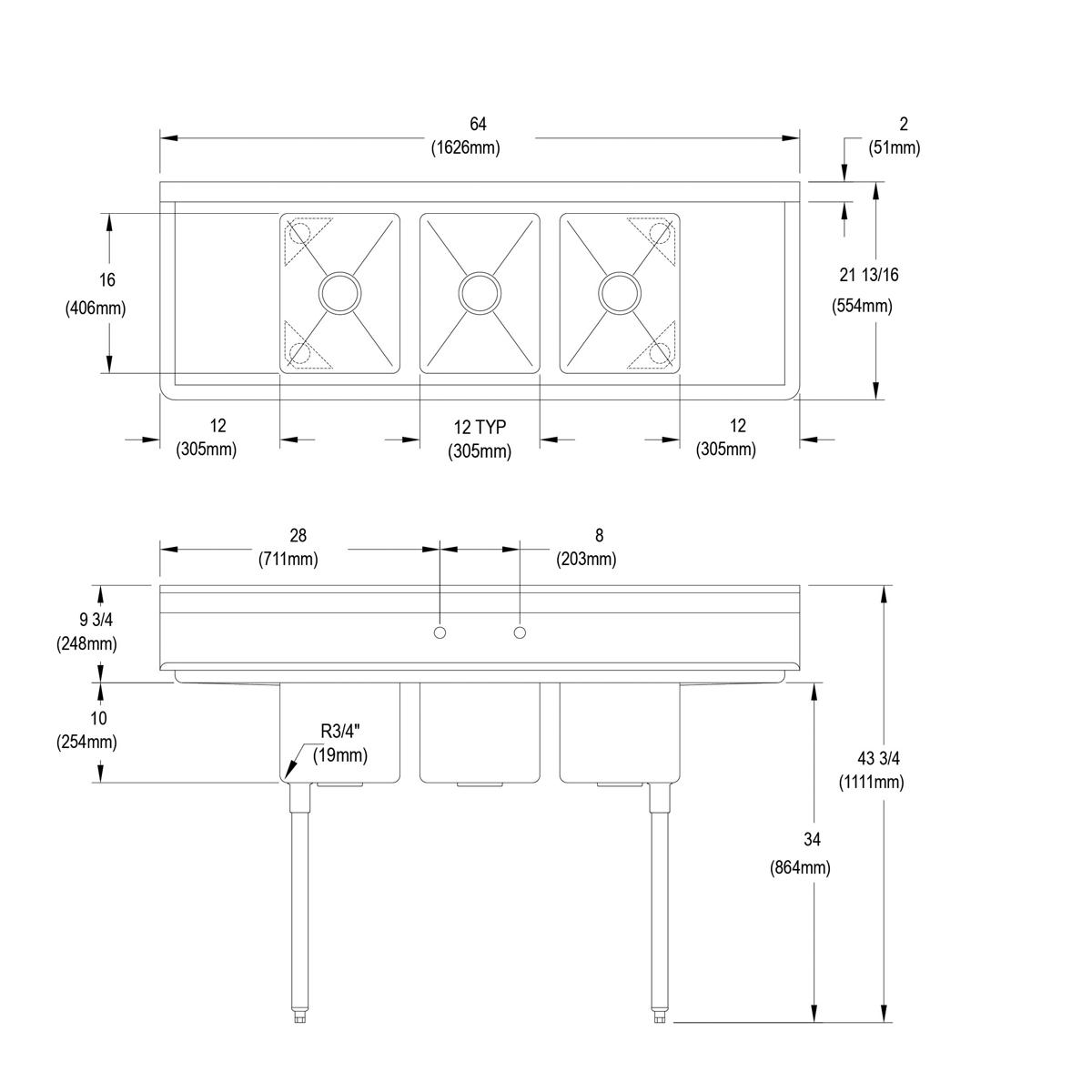 Three-compartment stainless steel sink with 12-inch left and right drainboards and stainless steel legs, shown in technical s