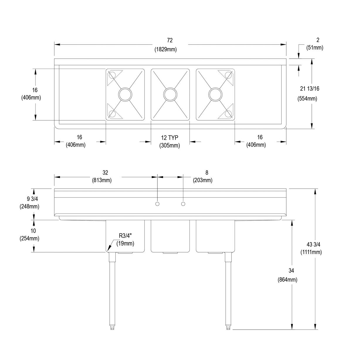 Top and side technical drawing of a stainless steel three-compartment sink with drainboards and dimensions labeled.