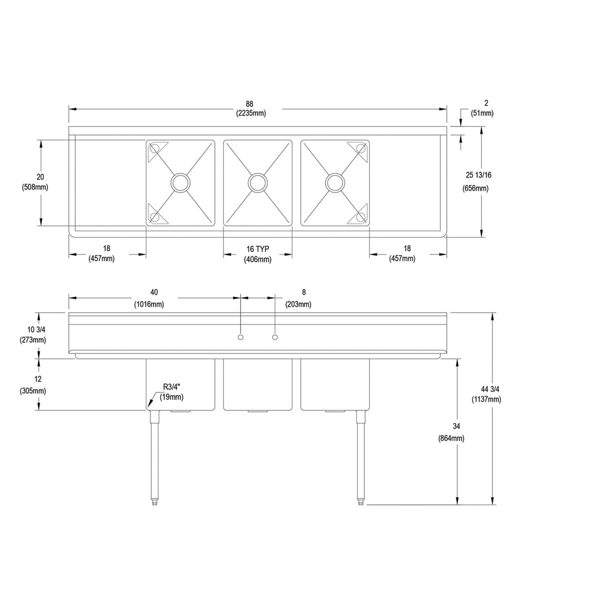 Three-compartment stainless steel sink with 18-inch drainboards on each side and stainless steel legs, shown in top and side 