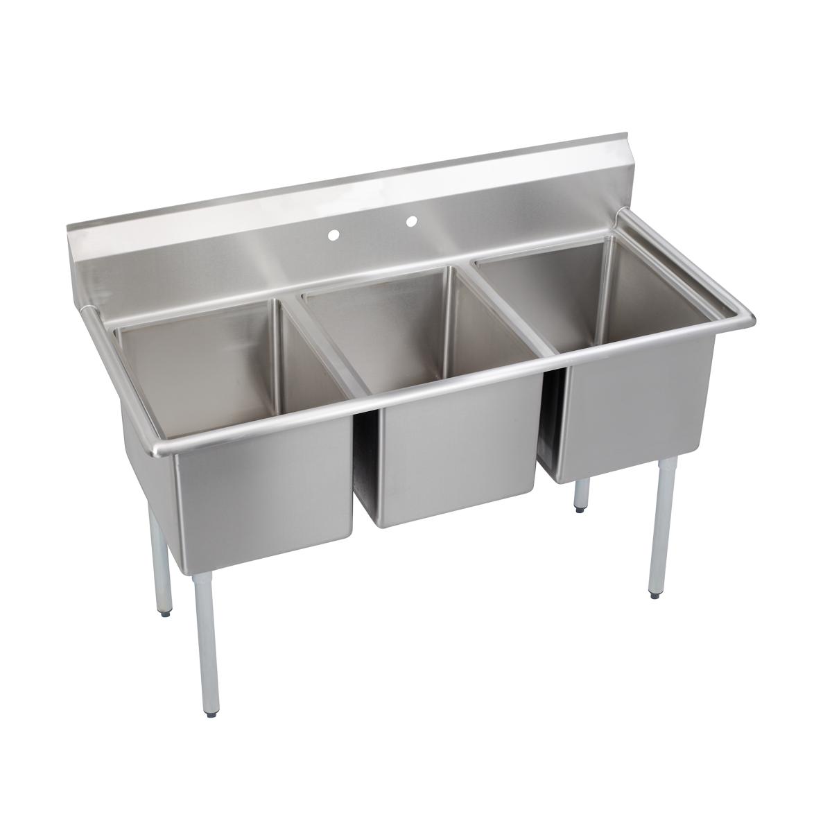 Stainless steel three-compartment commercial sink with backsplash and four legs.