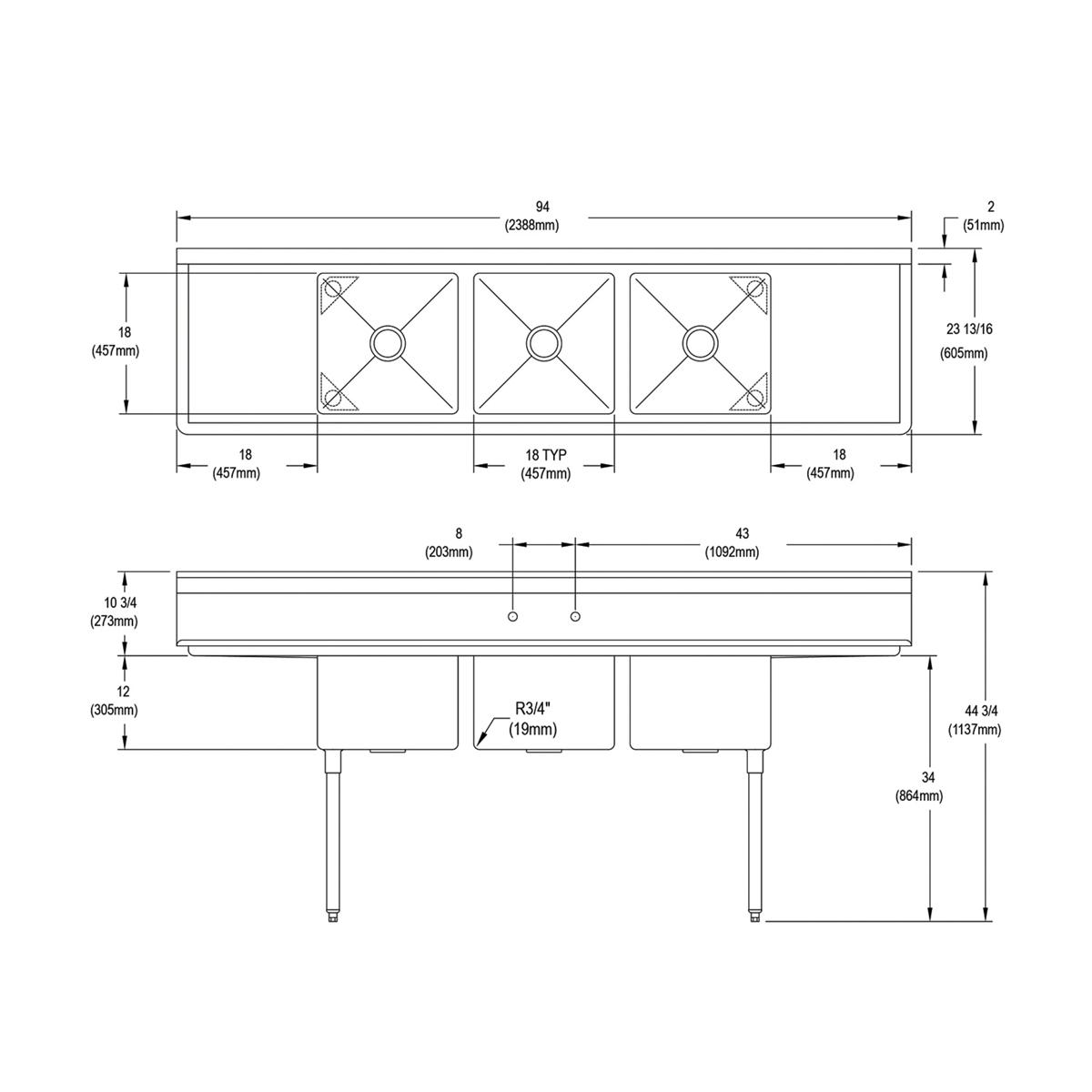 Stainless steel three-compartment sink with 18-inch left and right drainboards and four legs, shown in top and side technical