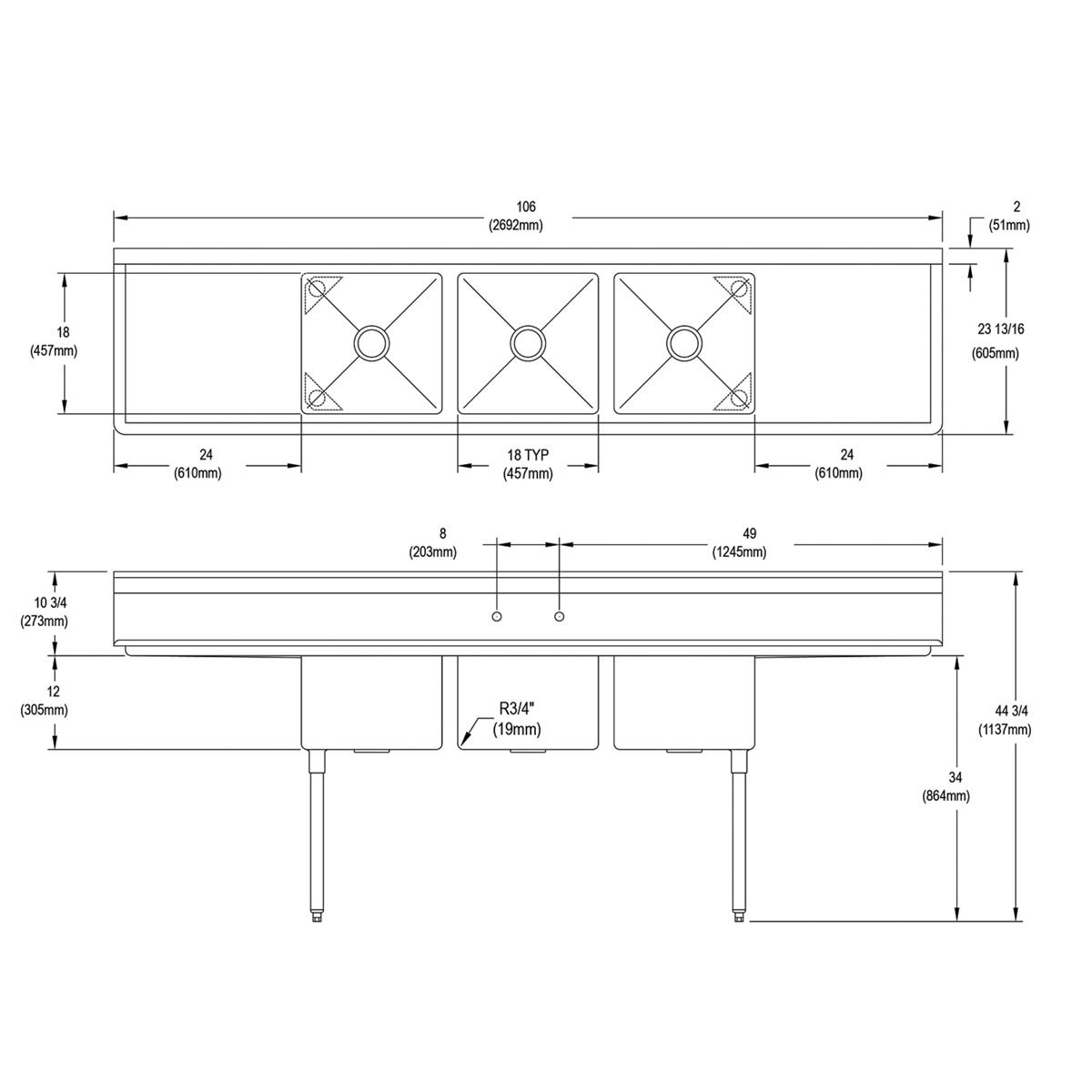 Three-compartment stainless steel sink with 24" drainboards on left and right sides and stainless steel legs, shown from top 