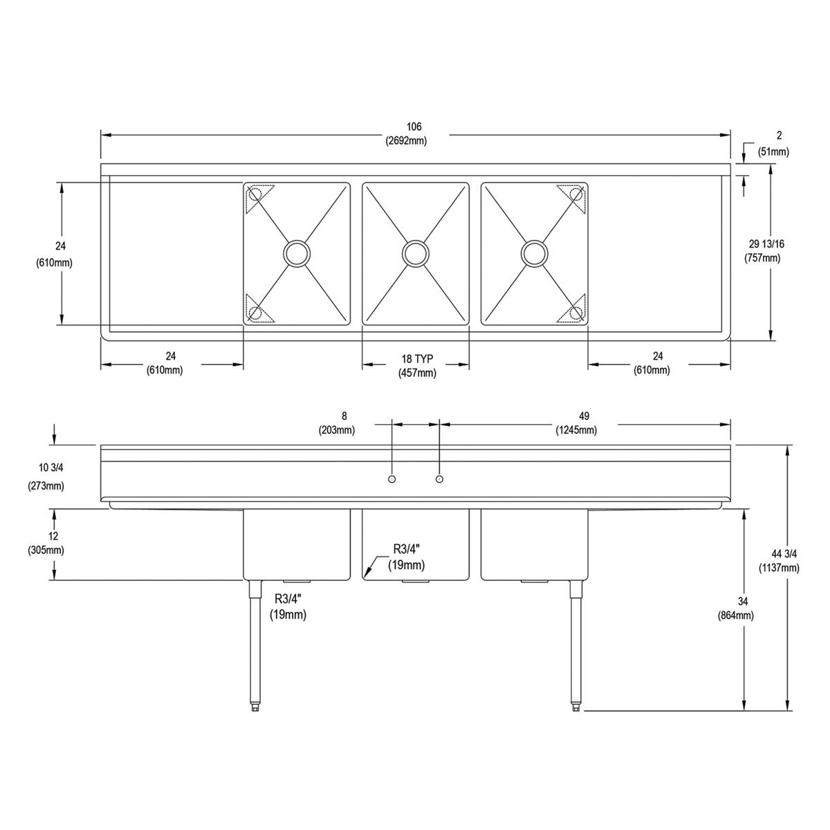 Three-compartment stainless steel sink with 24-inch left and right drainboards and stainless steel legs, technical specificat