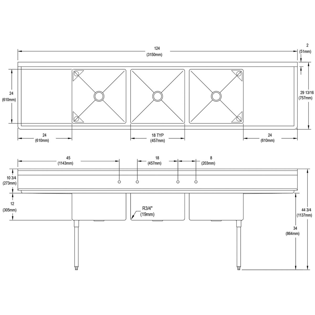 Three-compartment stainless steel sink with left and right drainboards and four support legs, shown in top and side technical