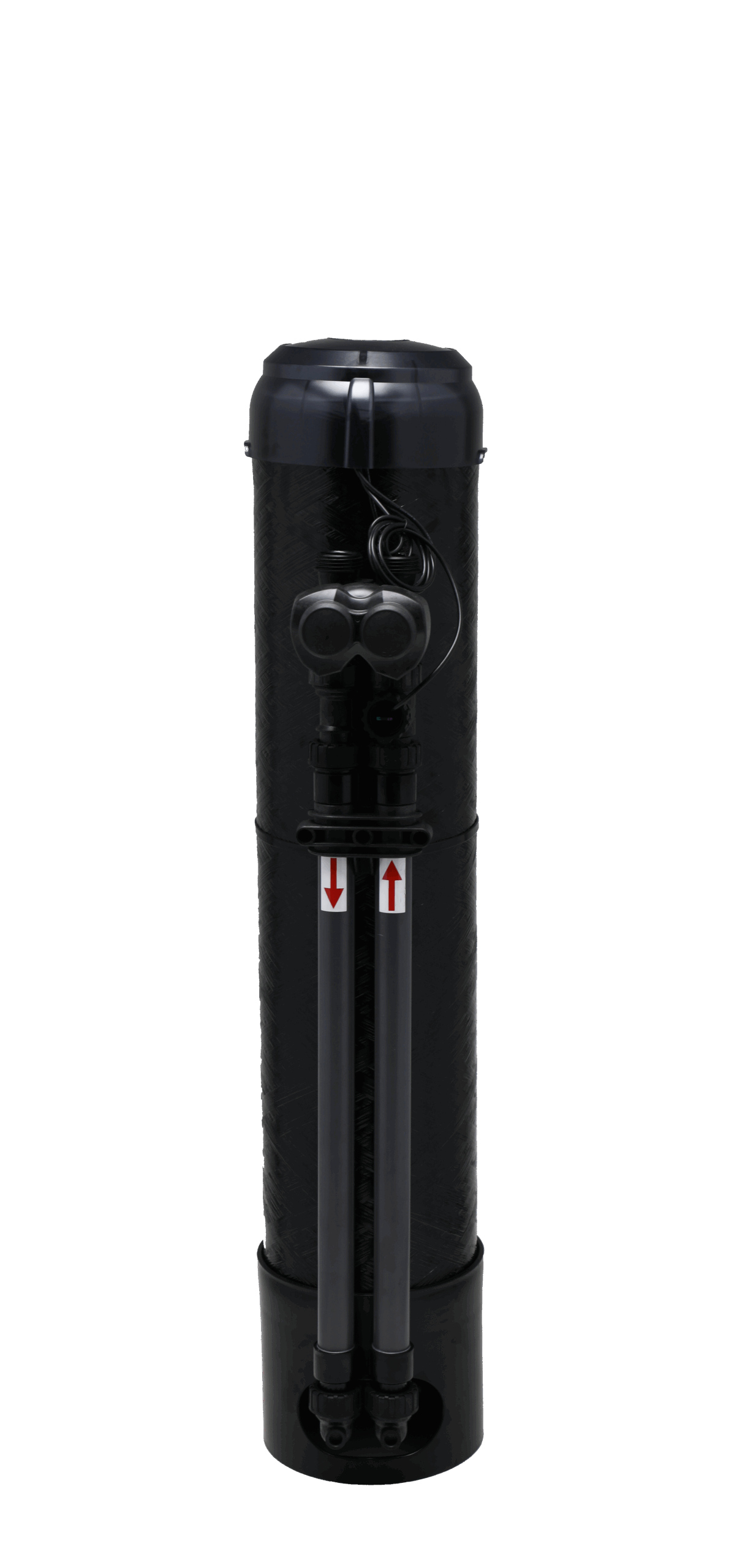 Black cylindrical water filter housing with dual outlet ports, control valve, and attached power cord.