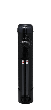 Black cylindrical water filter housing with dual outlet ports, control valve, and attached power cord.