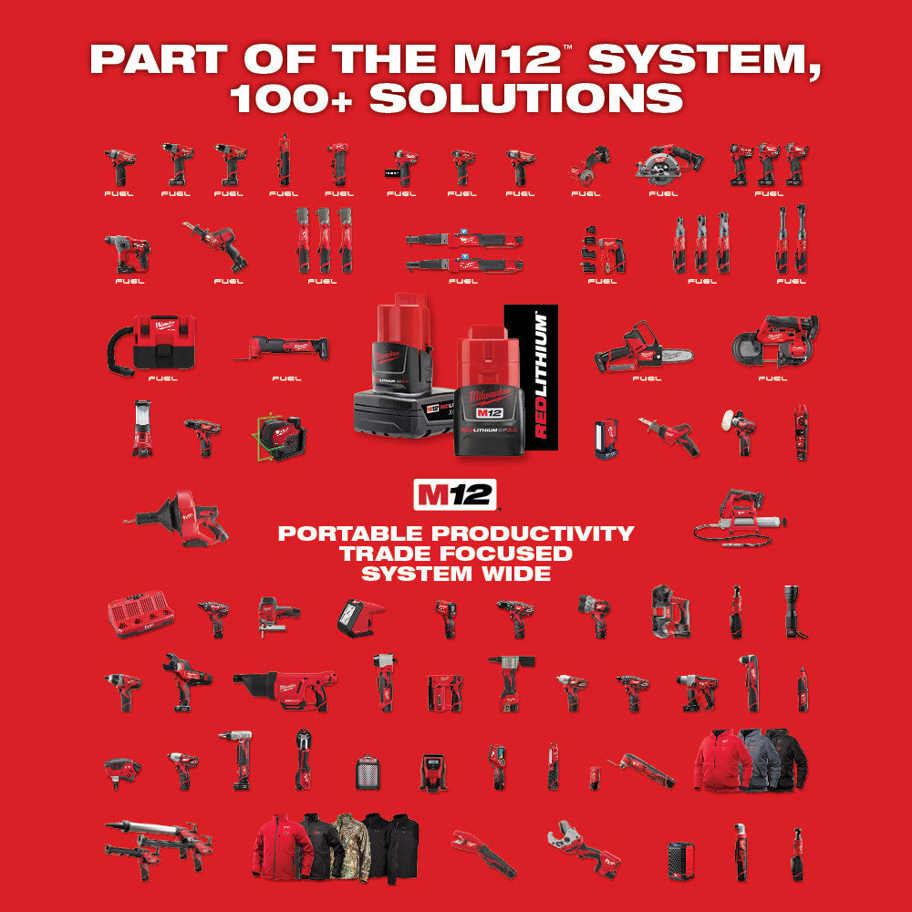 Red promotional poster displaying Milwaukee M12 cordless power tools and accessories on red background.