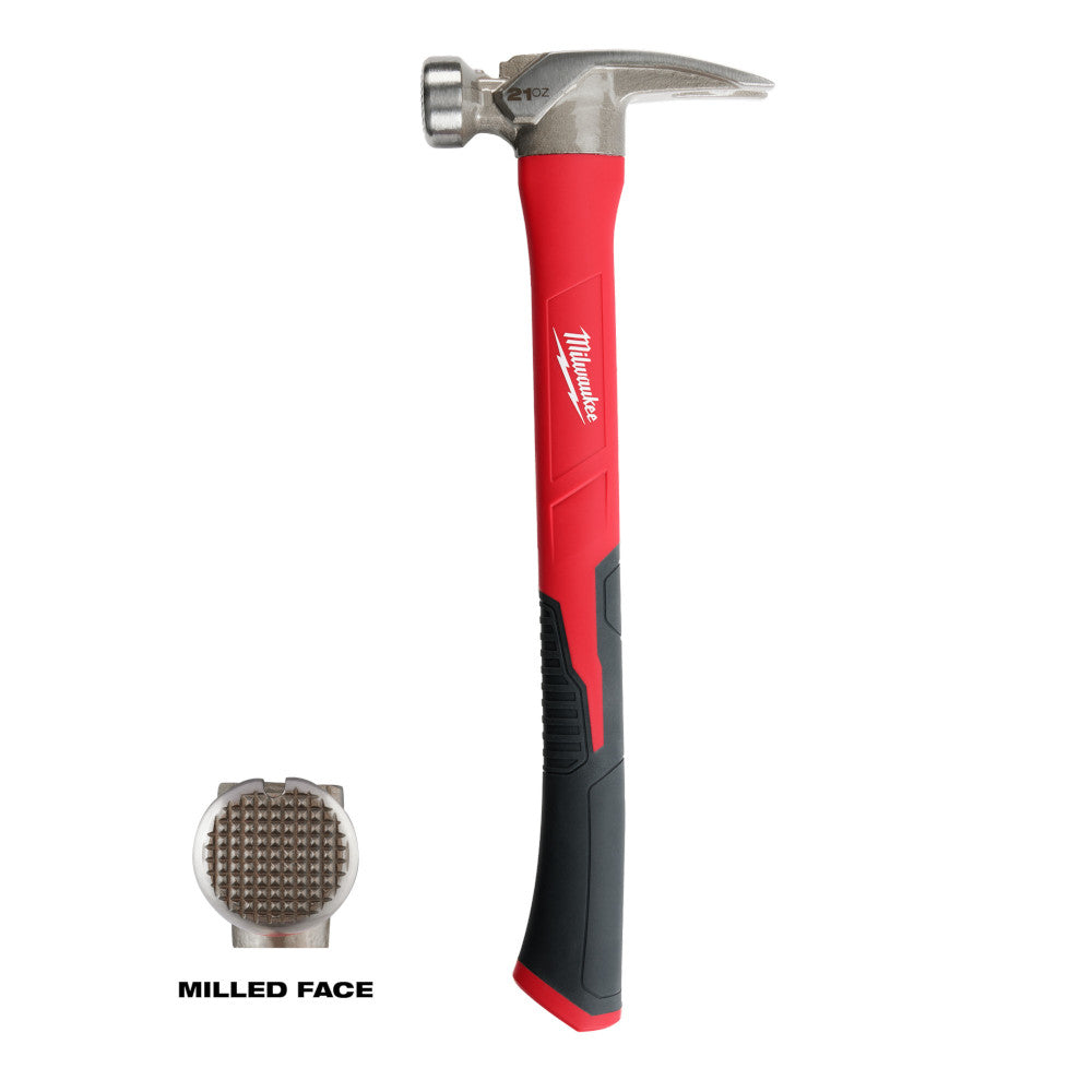 Milwaukee 21oz hammer with milled face head, red and black poly/fiberglass handle, and claw end.