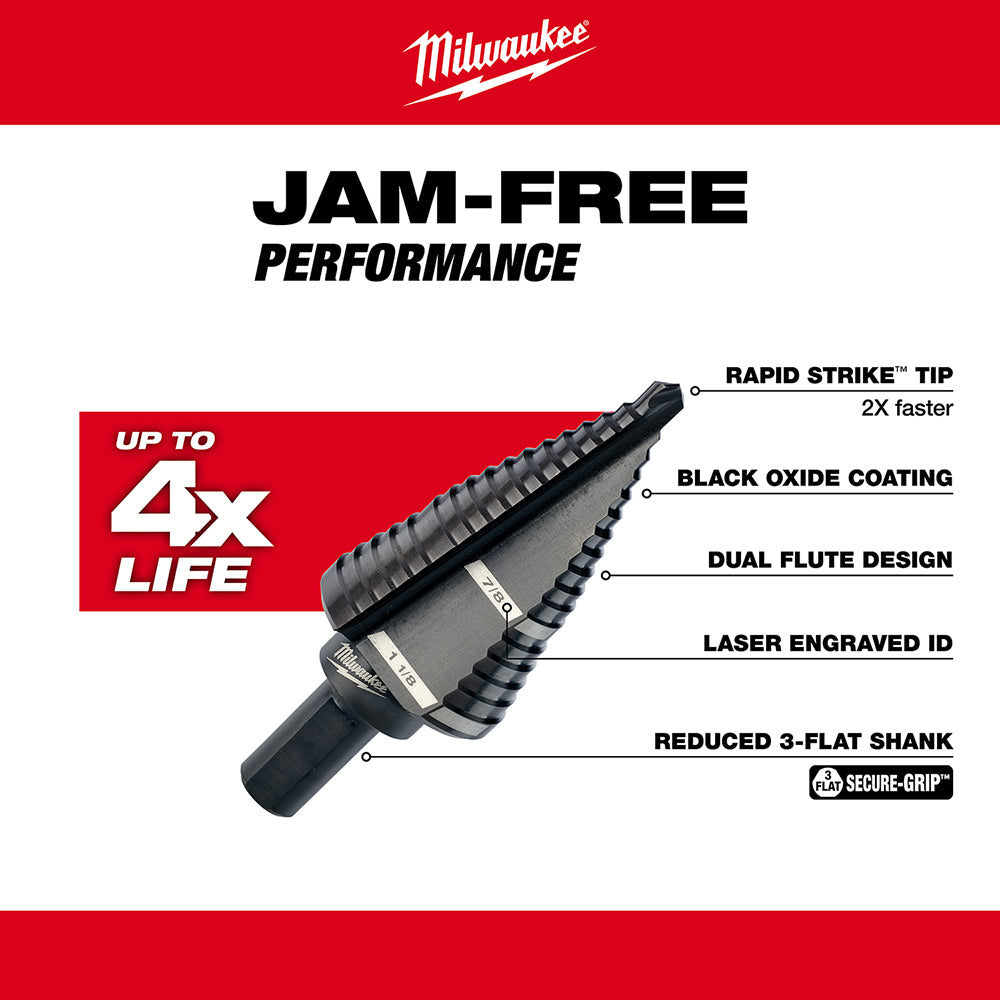 Black step drill bit with Rapid Strike tip, dual flute design, and reduced 3-flat shank against white background with feature