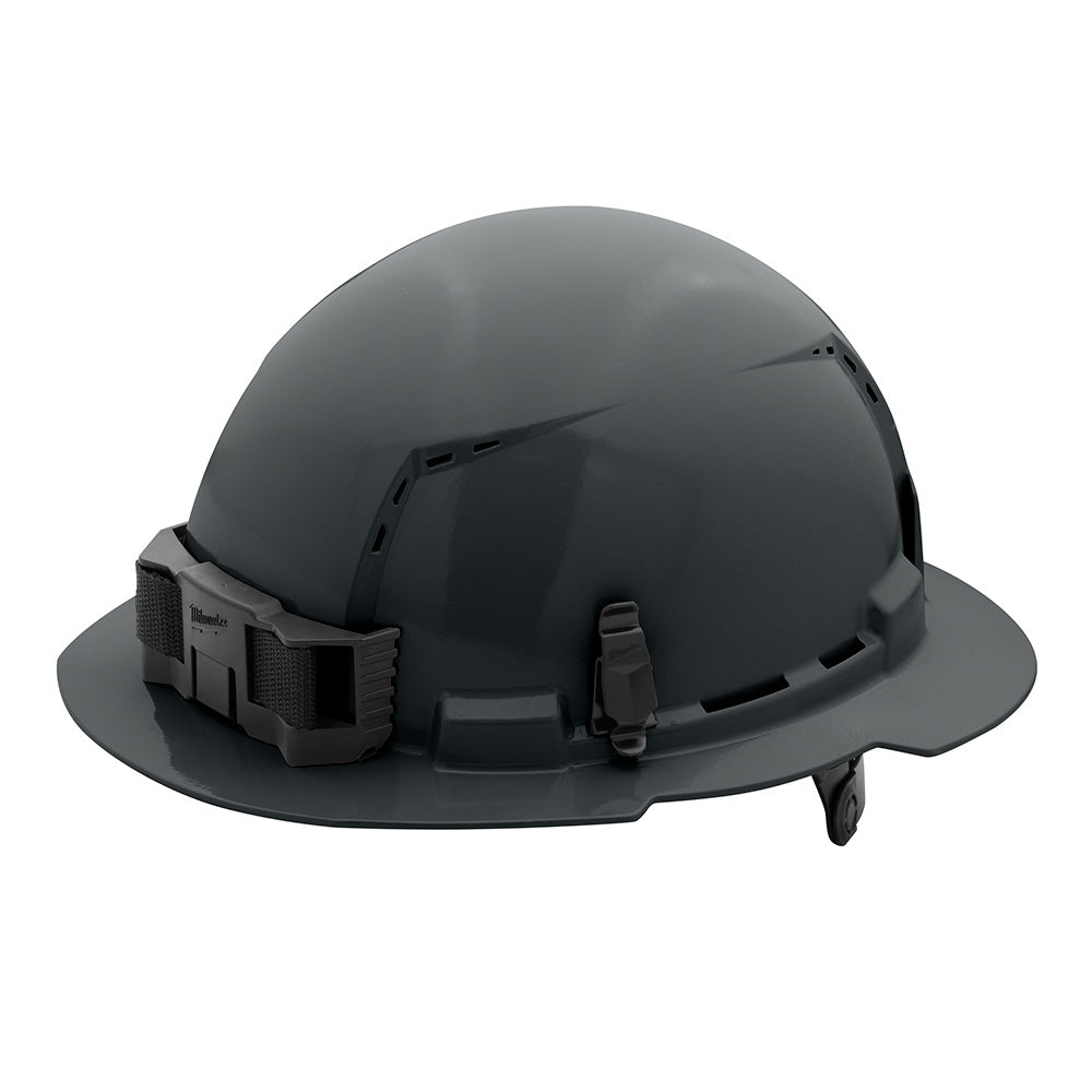 Gray full brim hard hat with ratcheting suspension and ventilation holes on the crown.