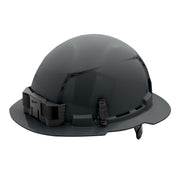 Gray full brim hard hat with ratcheting suspension and ventilation holes on the crown.
