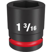 Black impact socket with 1 3/16" marking and red grip band, 3/4" drive, 6-point design.