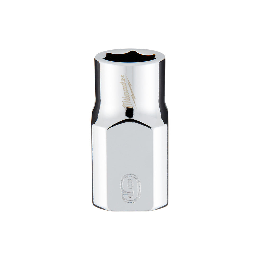 Polished chrome 3/8 inch drive socket with 6-point hexagonal opening and "9" marking on body.