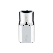 Polished chrome 3/8 inch drive socket with 6-point hexagonal opening and "9" marking on body.