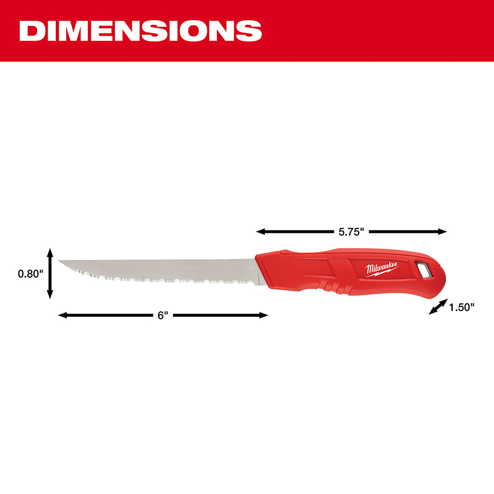 Red-handled serrated insulation knife with 6-inch blade and Milwaukee branding on handle.
